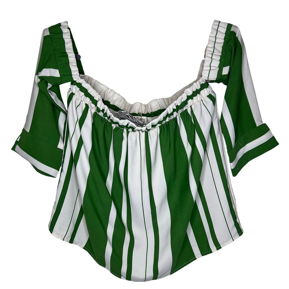 GLAM American Made Top Small Off The Shoulder Green White Striped 3/4 Sleeve New